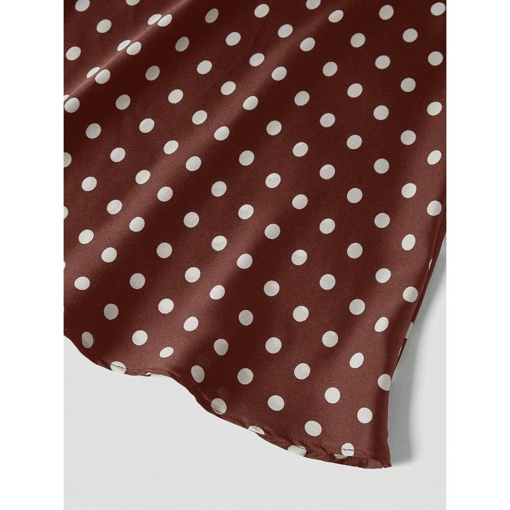 Women's Brown Waisted Long Silky Polka Dots A Line Flowing Elegant Midi Skirt - Picture 5 of 6